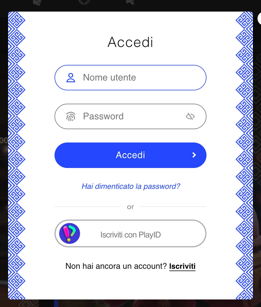 Librabet login: la finestra di accesso Finestra di accesso di Librabet con nome utente, password, recupero della password e iscrizione con PlayID