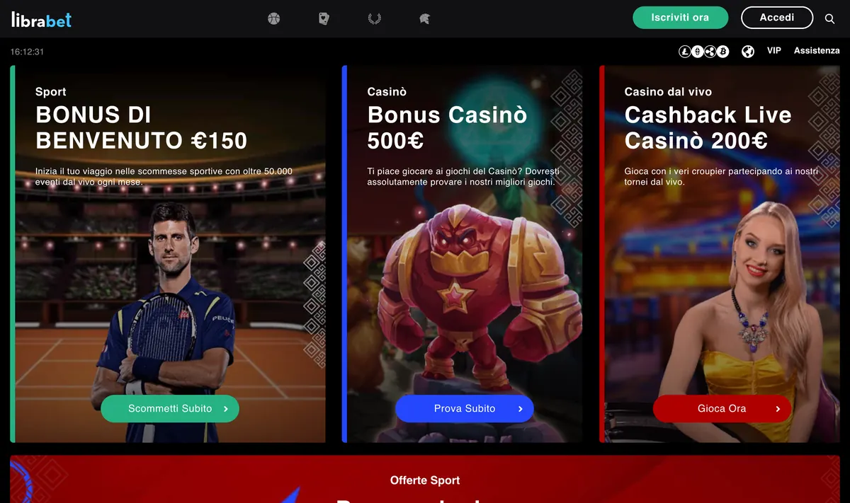 Librabet: la home con i bonus di benvenuto Home di Librabet con le tre offerte di benvenuto: sport 100% fino a 150 €, casinò 100% fino a 500 € più 200 giri e cashback del casinò live
