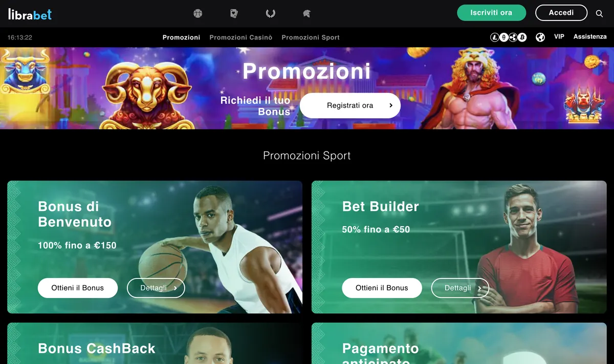 Pagina delle promozioni di Librabet: bonus di benvenuto sport, Bet Builder, cashback e pagamento anticipato