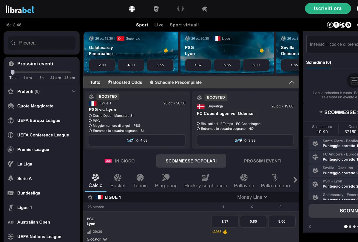Librabet scommesse: la pagina sport Sezione scommesse di Librabet: partite in evidenza con le quote, filtri per sport e menu dei campionati