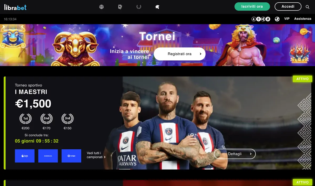Librabet tornei: I Maestri Pagina dei tornei di Librabet con il torneo I Maestri da 1.500 € e il conto alla rovescia