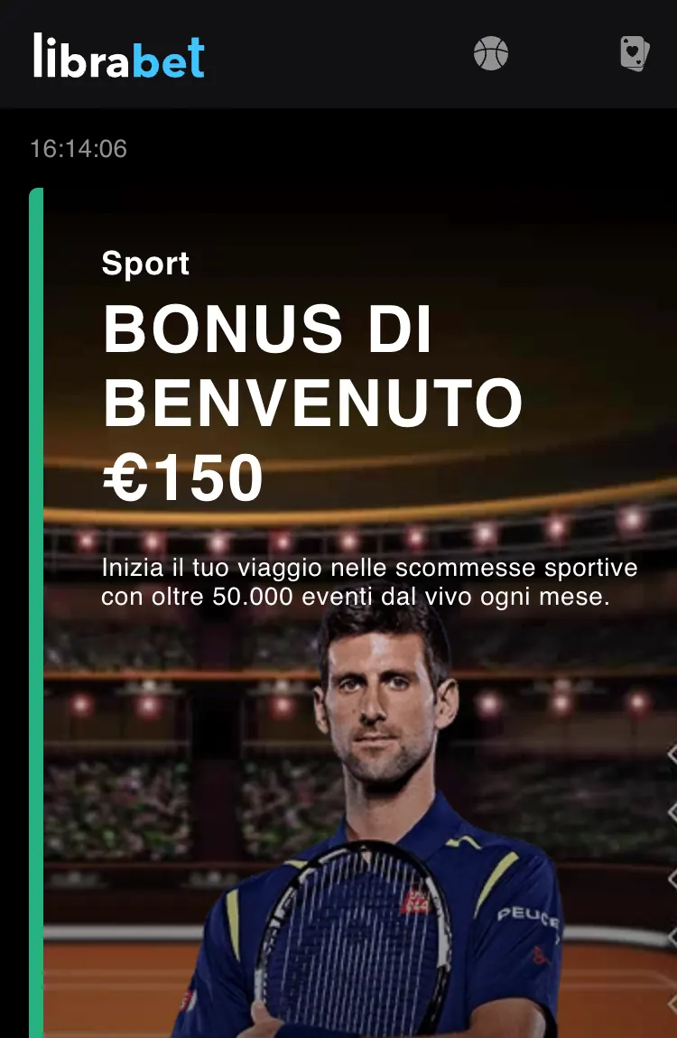 Librabet da telefono: la home Librabet dal telefono: la home della versione web con il bonus sport in evidenza